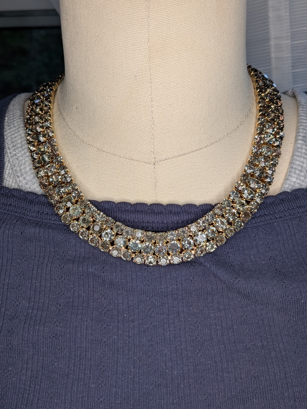 Vintage Style 3 Row Smokey Grey Rhinestone Collar Choker Necklace Gold Tone